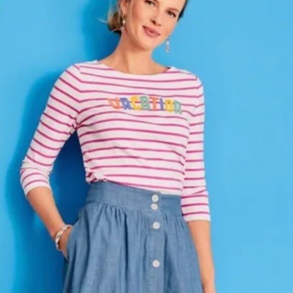 TALBOTS Tee Vacation Stripe in White/Watermelon Shirt Top Large - Picture 1 of 4